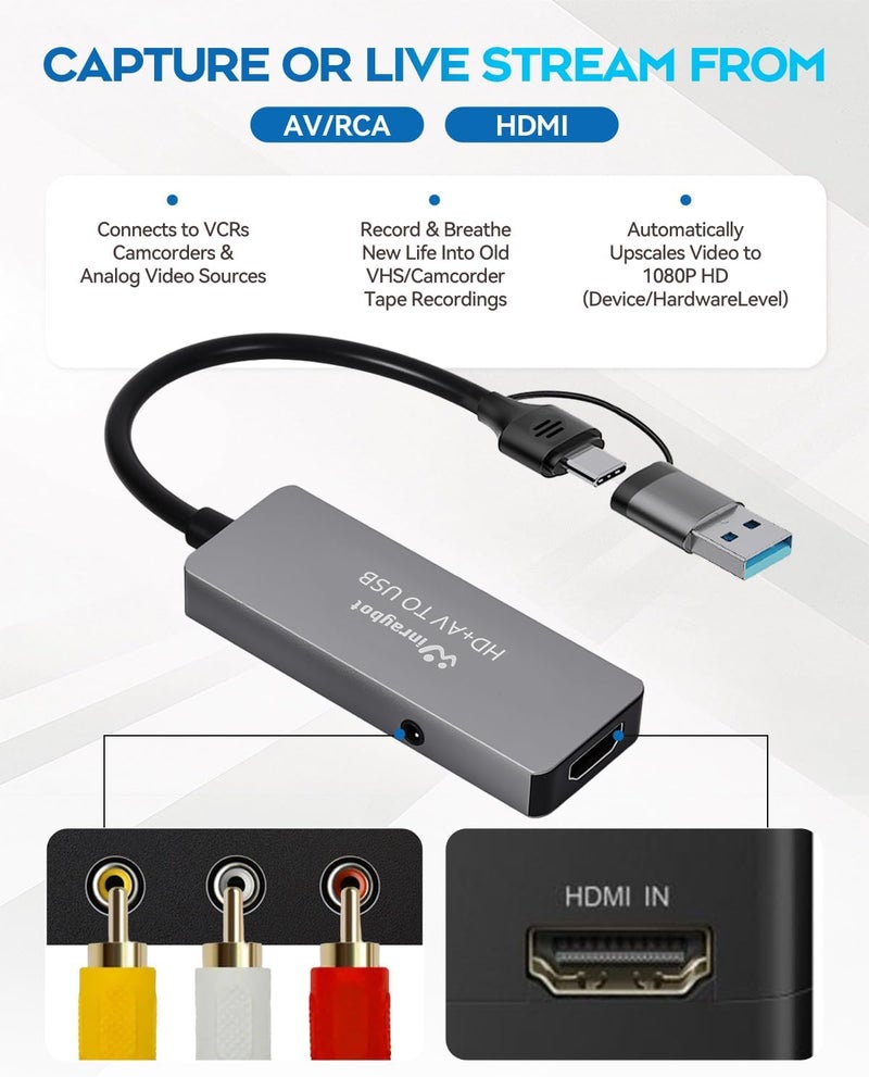 WinRaybot VHS to Digital Converter, RCA to USB Converter Analog to Digital Adapter for VHS/HI9, Video Capture Card for Laptop, HDMI for Video Streaming Convert RCA/S-Video/HDMI Input (USB-A+USB-C) - Image 2